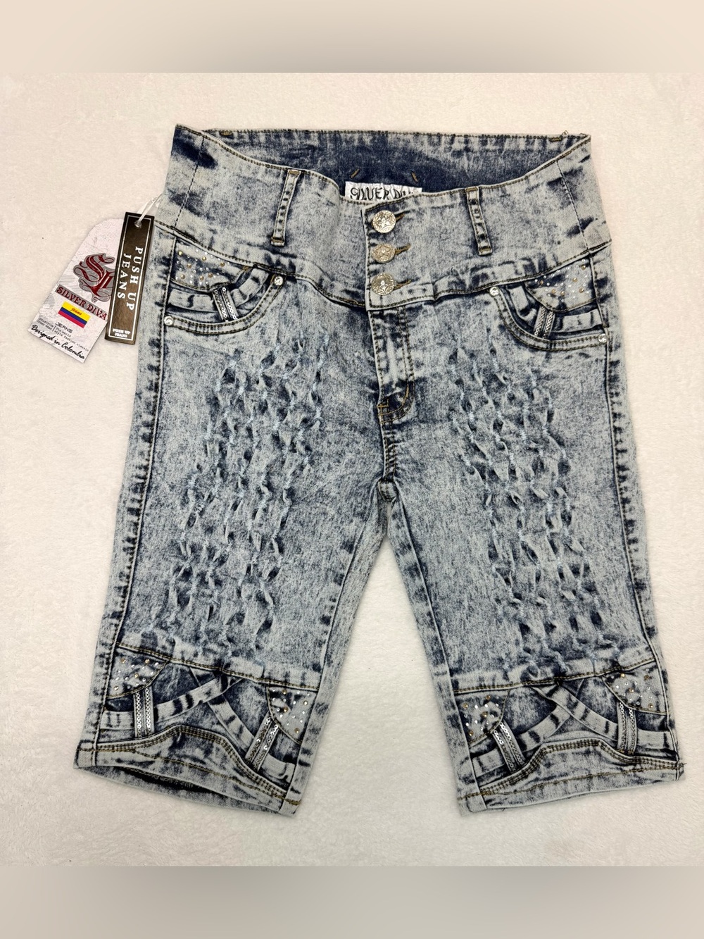 Silver Diva Jeans Style DJ-2258 Distressed Push Up Jean Bermuda Size 13 NWT